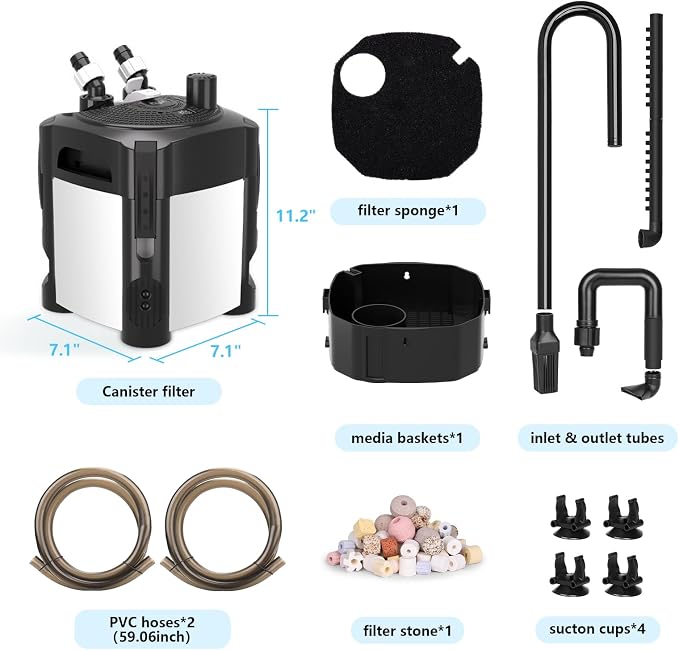 AQQA 317GPH Canister Filter, Ultra-Quiet External Aquarium Canister Filters, 3 Stage Filtration Aquarium Filter with Quartz Balls and Filter Cotton for Fish Tanks and Aquariums Up to 65 Gallon 18W