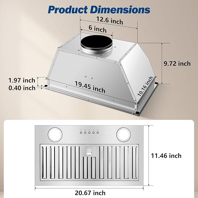 JOEAONZ Range Hood Insert 20 Inch 600 CFM Stainless Steel, Ducted/Ductless Convertible Ultra-Quiet Built-in Kitchen Exhaust Hood with Dishwasher-Safe Filter, 3-Speed & Dual LEDs Efficient Lighting