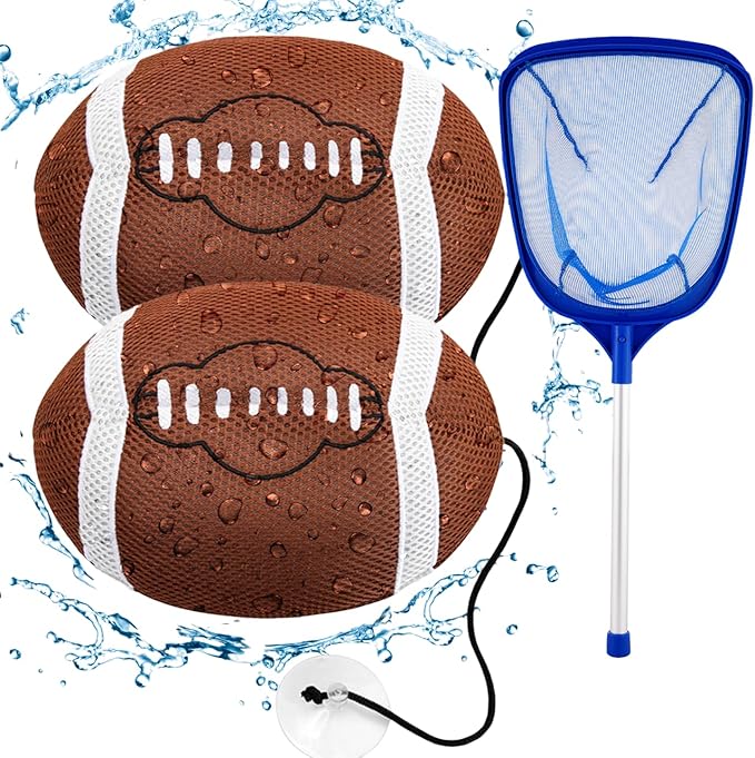 Football Hot Tub Scum Absorber 2 Pack with Pool Net Skimmer – Floating Spa Hot Tub Scum Sponge for Oils & Surface Debris, Reusable Scum Sponge for Hot Tub, Complete Hot Tub Accessories Set
