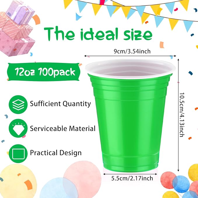 Sabary 100 Pack 12oz Plastic Cups Green Graduation Heavy Duty Drinking Disposable Cups with Lines for Beverage Holiday Camping Barbecues Birthday Party Summer Outdoor Picnic(Green and White)