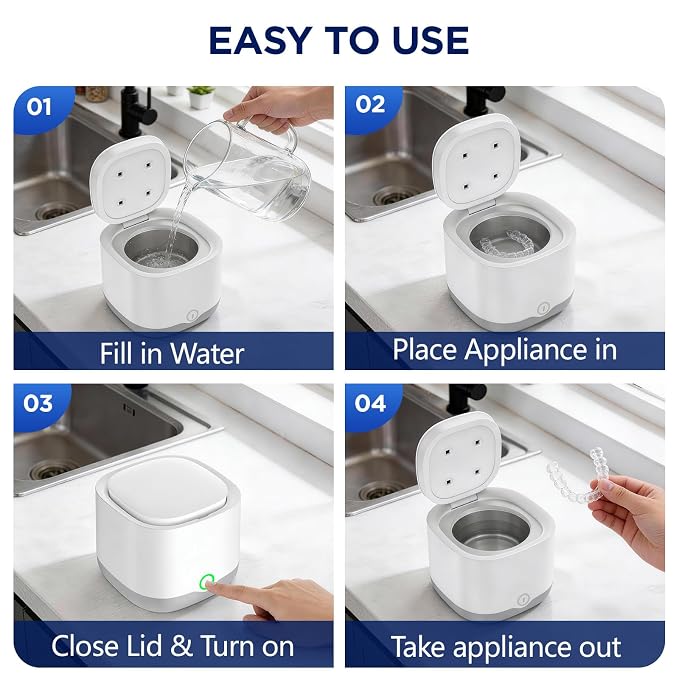 Ultrasonic Retainer Cleaner Machine, 45kHz Rechargeable Cordless Denture Cleaner for Aligners, Night Guards & Mouth Guards, 200ML Dental Cleaning Pod with 3 Cleaning Modes and 6 Cleaning Tablets