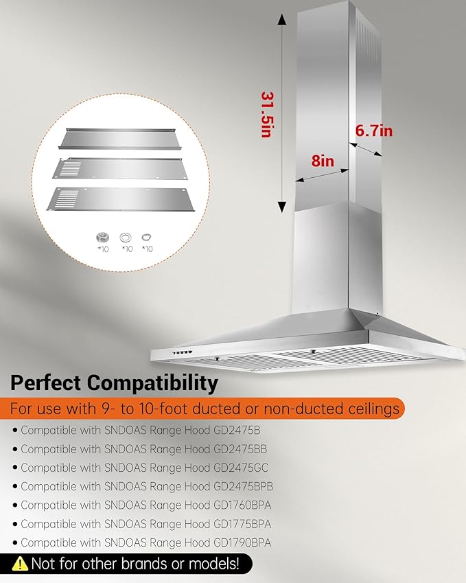 31.5" x 8" x 6.7" Range Hood Chimney Extension Fit for SNDOAS GD24 GD17 (Assembly Required), Stainless Steel Range Hood Extension Duct Cover (Upper Piece) Make Sure You Confirm the Chimney Size