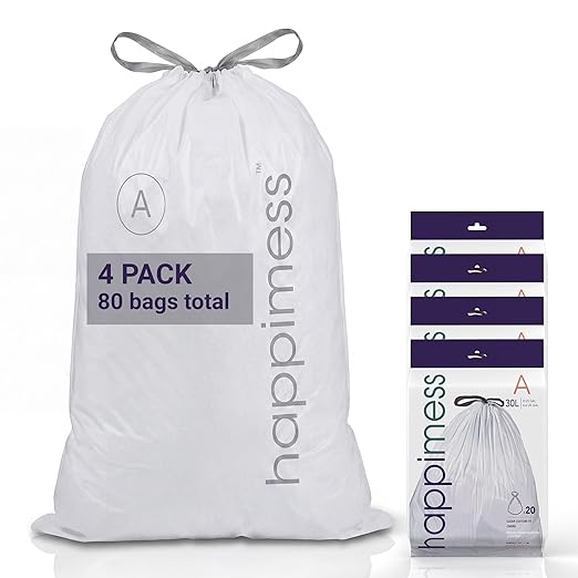 happimess 8 Gallon (30L) Drawstring Trash Bags, Unscented, Clear, Heavy Duty LDPE Liners for Kitchen and Household, Custom Fit, 80 Count (4 Packs of 20 Liners) HPM3000A-C-4SET