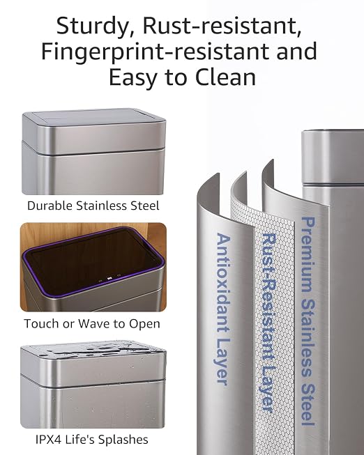 Automatic Trash Can Touchless 13 Gallon / 50L, Motion Sensor Trash Can with USB Rechargeable, Butterfly Soft-Close Lid & Ozone Sanitizing, Automatic Garbage Can for Kitchen (Includes 240 Trash Bags)