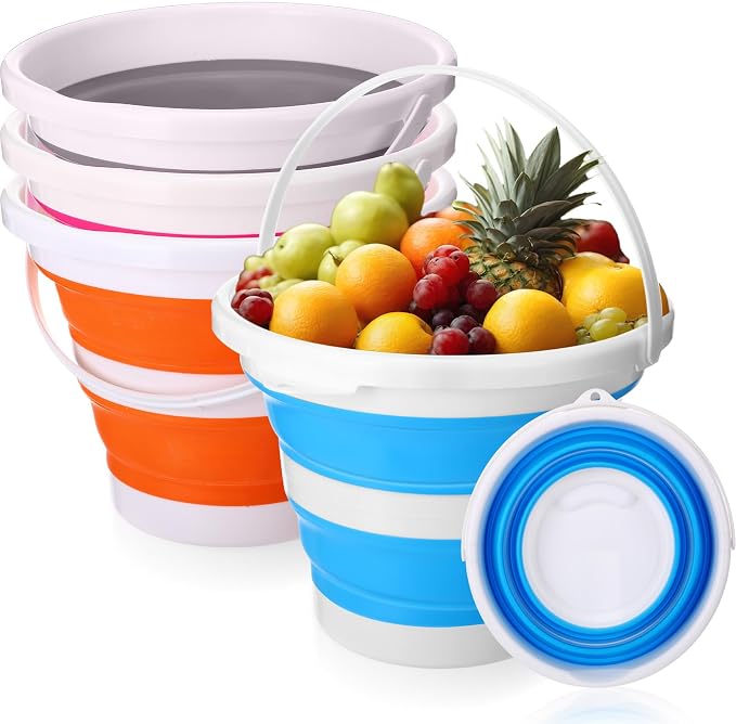 Pickmesh 4 Pcs Collapsible Bucket 2.6 Gallon (10l) Foldable Collapsible Sand Bucket with Handle Small Cleaning Pail for Household Outdoor Car Washing Camping Beach Sand (Blue, Pink, Orange, Gray)