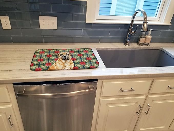 Caroline's Treasures Fawn English Mastiff Christmas PoinsettIas Dish Drying Mat Absorbent Dish Drying Mat Pad for Kitchen Counter Dish Drainer Mat for Countertop, 14 x 21", Multicolor