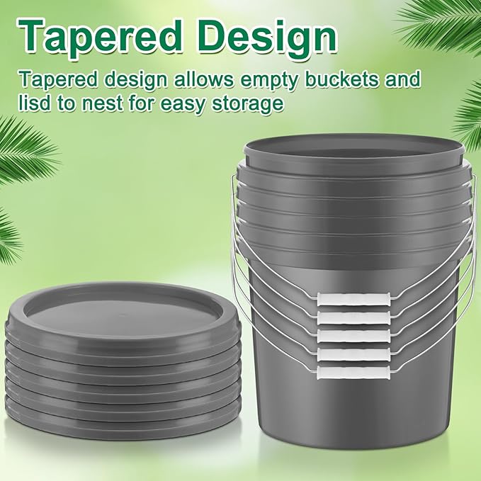 Tioncy 24 Pcs 2 Gallon Plastic Bucket with Lid Heavy Duty 2 Gallon Bucket Pail with Lid Handle for Storage Container Home Household Cleaning (Grey)