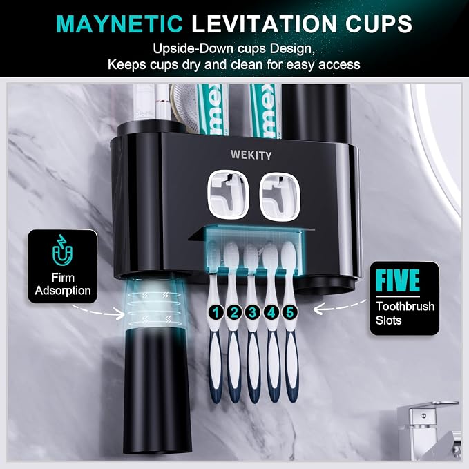 2 Toothbrush Holders Wall Mounted, Multi-Functional Toothbrush Holder,Toothpaste Dispenser for Bathroom with 5 Toothbrush Slots, 2 Toothpaste Squeezers and 4 Cups