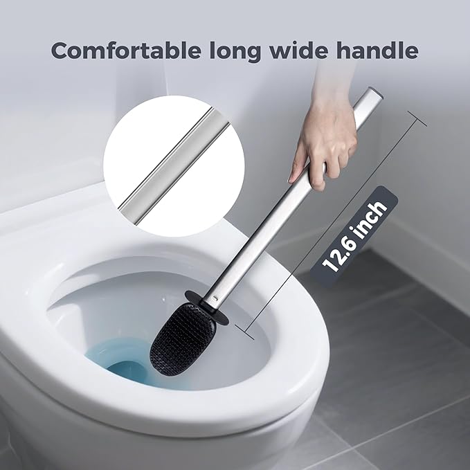 Sineng Silicone Toilet Brush and Holder Set, Stainless Steel Toilet Cleaning Brush, One-Piece Long Handle, Flexible Compact Modern RV Toilet Bowl Brush for Bathroom, 2Pack