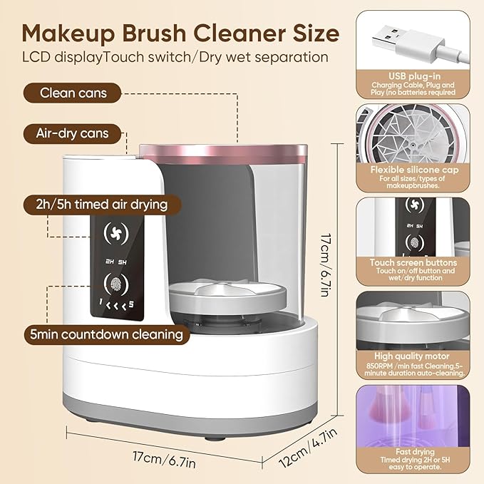 Electric Makeup Brush Cleaner 3-in-1, Automatic Brush Washing & Air-Drying Machine, Dual-Direction Deep Cleaning, Adjustable 2H/5H Drying, Fits Most Brush Sizes, Plug in Design (2026 Upgrade)