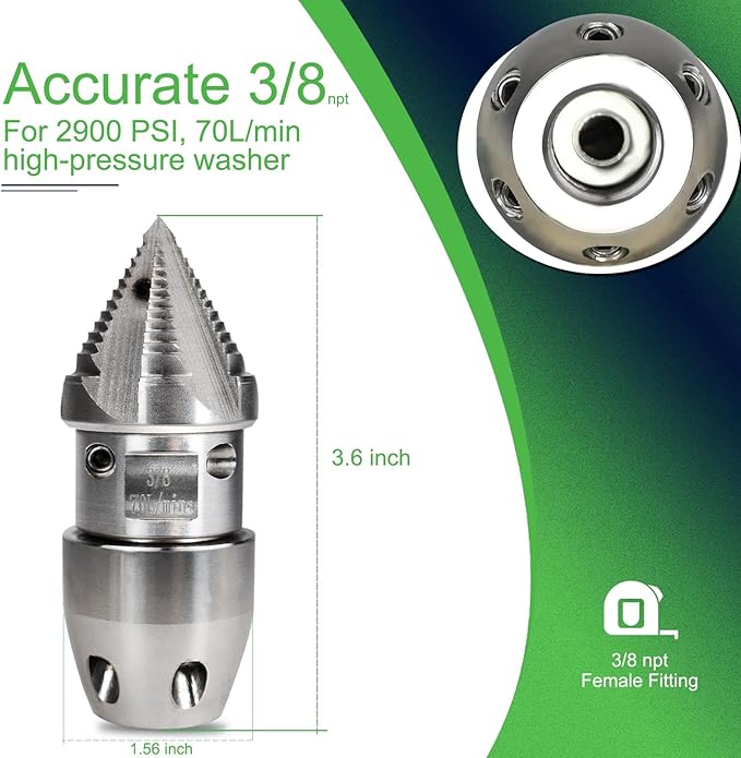 3/8 npt Sewer Jetter Nozzle for 2900 PSI, 70 L/min Pressure Washer - Stainless Steel, Quickly Rotating for Municipal Drain Pipe Cleaning