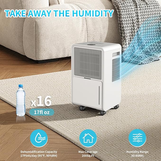 Dehumidifier for Home Basement, 17 Pints Dehumidifiers with Drain Hose for 550 Sq. Ft Bedroom Bathroom Small Room RV, 3 Working Modes, Smart Humidity Control, 24H Timer, Auto Defrost