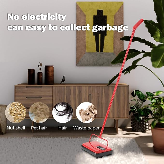 Eyliden Carpet Sweeper, Mini Size Lightweight Hand Push - No Noise, Non-Electric, Easy Manual Sweeping Only for Carpet Cleaning (Red)