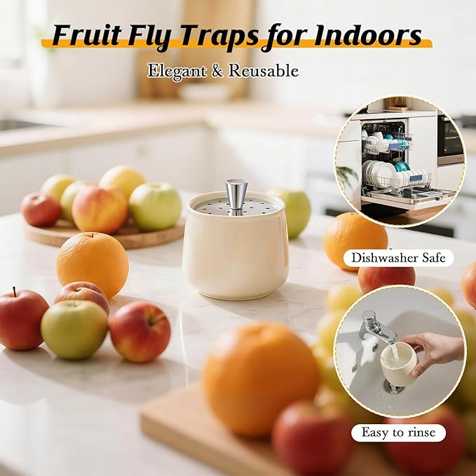 Ceramic Fruit Fly Trap for Indoors, Reusable Kitchen Fly Catcher with Stainless Steel Vent Lid, Uses Safe & Natural Vinegar Bait Trap, Dishwasher Safe, Easy to Use (White,1 Pack)