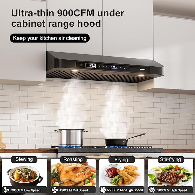 BRANO 36 Inch Under Cabinet Range Hood with Voice/Gesture/Touch Control, 900 CFM Kitchen Vent Hood with 4-Speed Exhaust Fan, Stainless Steel Stove Hood with LED Lights, Baffle Filters