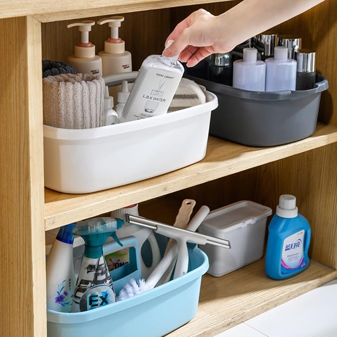 JiatuA Large Cleaning Supplies Organizer with Handle Portable Shower Caddy Basket Plastic Bucket Tool Storage for Bathroom, Bedroom, Kitchen, College Dorm, Under Sink, Garden, White & Light Grey