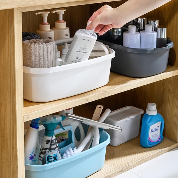 JiatuA Large Cleaning Supplies Organizer with Handle Portable Shower Caddy Basket Plastic Bucket Tool Storage for Bathroom, Bedroom, Kitchen, College Dorm, Under Sink, Garden, Dark Gray & White