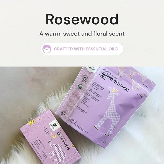 Grab Green Baby Laundry Pods and Dryer Sheets Bundle | 50 Count Pods and 80 Dryer Sheets; Dreamy Rosewood; Plant & Mineral-Based; No Harsh Chemicals