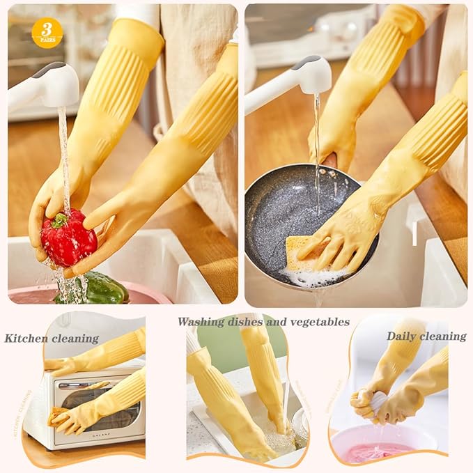 3- Pair 17.8 - Inch Elbow - Length Reusable Rubber Waterproof Household Cleaning and Kitchen Dishwashing Gloves - Large Size