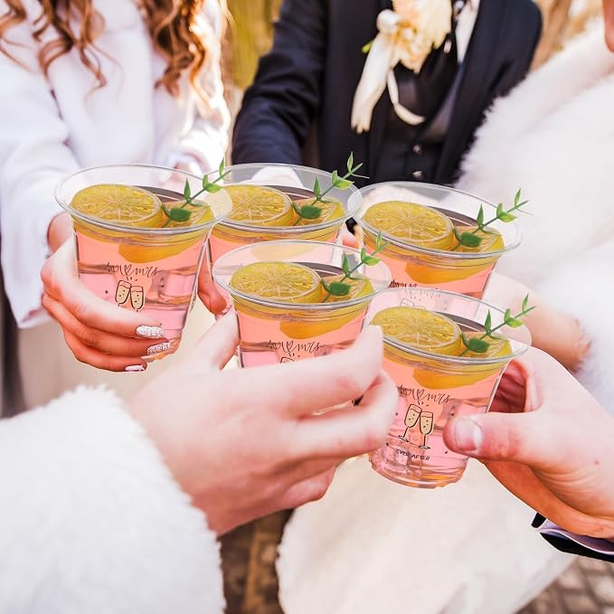 200 Pack Plastic Wedding Cups Bulk 12oz Disposable Clear Party Mr and Mrs Cup for Bridal Shower Anniversary Reception Birthday Parties Supplies