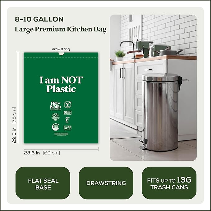 Large Compostable Drawstring Trash Bags - 8-10 Gallon, 60 Pack | Plastic-Free Kitchen & Bathroom Garbage Bags with Drawstring Handles | Thick Bin Bag Liners for Green & Food Waste