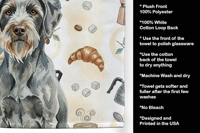 Caroline's Treasures Steel Gray Wirehaired Pointing Griffon Coffee Bar Kitchen Towel Velour Plush Front and Cotton Loop Back Machine Washable