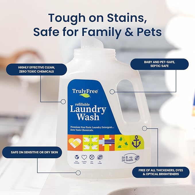 Truly Free Natural Laundry Detergent for Sensitive Skin | Eco Friendly, Plant Based, Baby Clothes Safe | Clean & Easy Powder to Liquid, 3 Pack Detergent + 1 Refillable Jug | Unscented, 150 Loads