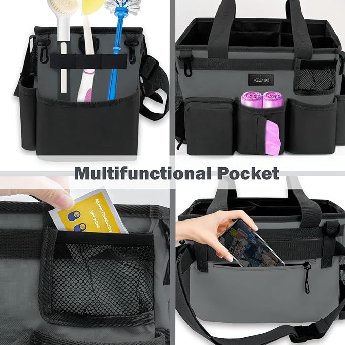 Wearable Cleaning Caddy Bag,Cleaning Supply Tote for Cleaning Supplies, Cleaning Organizer with Adjustable Shoulder and Waist Straps for Cleaners & Housekeepers (Grey, Large)