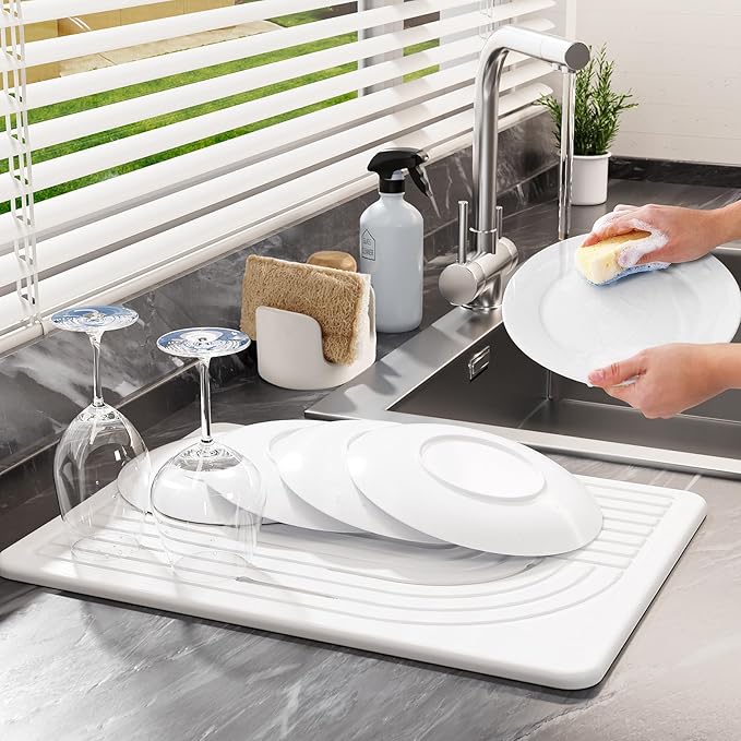 Stone Dish Drying Mat for Kitchen Counter Diatomaceous Earth Drying Mat, 15.8"x11.8" Super Absorbent Drying Stone, Quick Dry, Heat Resistant, Odorless (White)