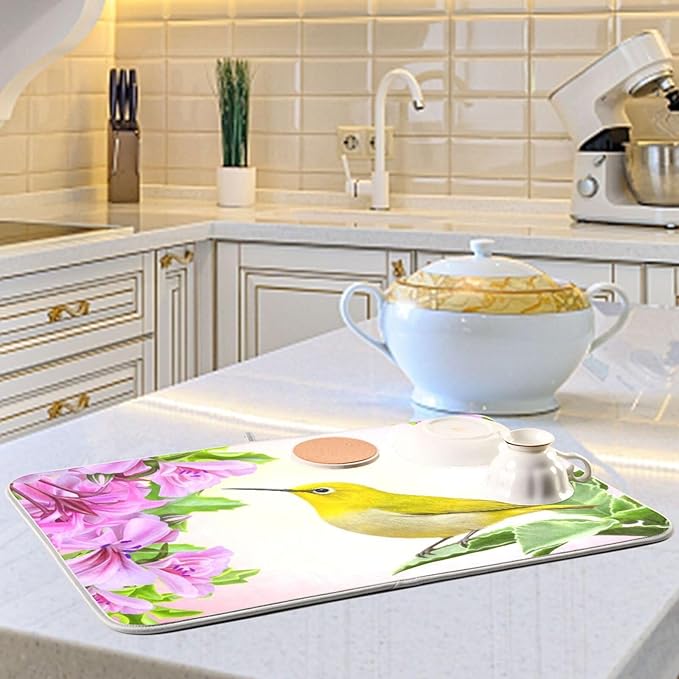 Spring Hummingbird Dish Dryer Mat Dish Mats for Counter Microfiber 18 x 24 Dish Dryer Mat Kitchen Mat Counter Dish Drying Mat
