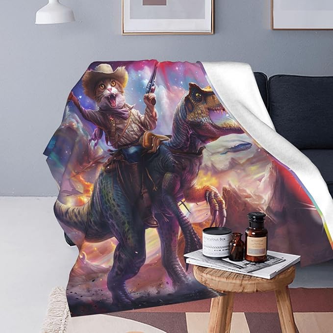 Funny Cat Dinosaur Blanket Galaxy Space Rainbow Decor Throw Blanket Cozy Plush Flannel Fleece Warm Soft Lightweight Fuzzy Blanket Funny Gifts for Boys Girls Teens Women for Bed Sofa Couch 40"X50"