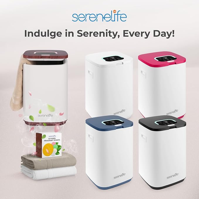 SereneLife Towel Warmer Bucket - Compact 23L Bathroom Towel Heater w/Essential Oils Disc Holder, Adjustable Timer, Auto Shut-Off, Power Cord Storage, LED Display, Fits 2 Oversized Towels (Wood Color)