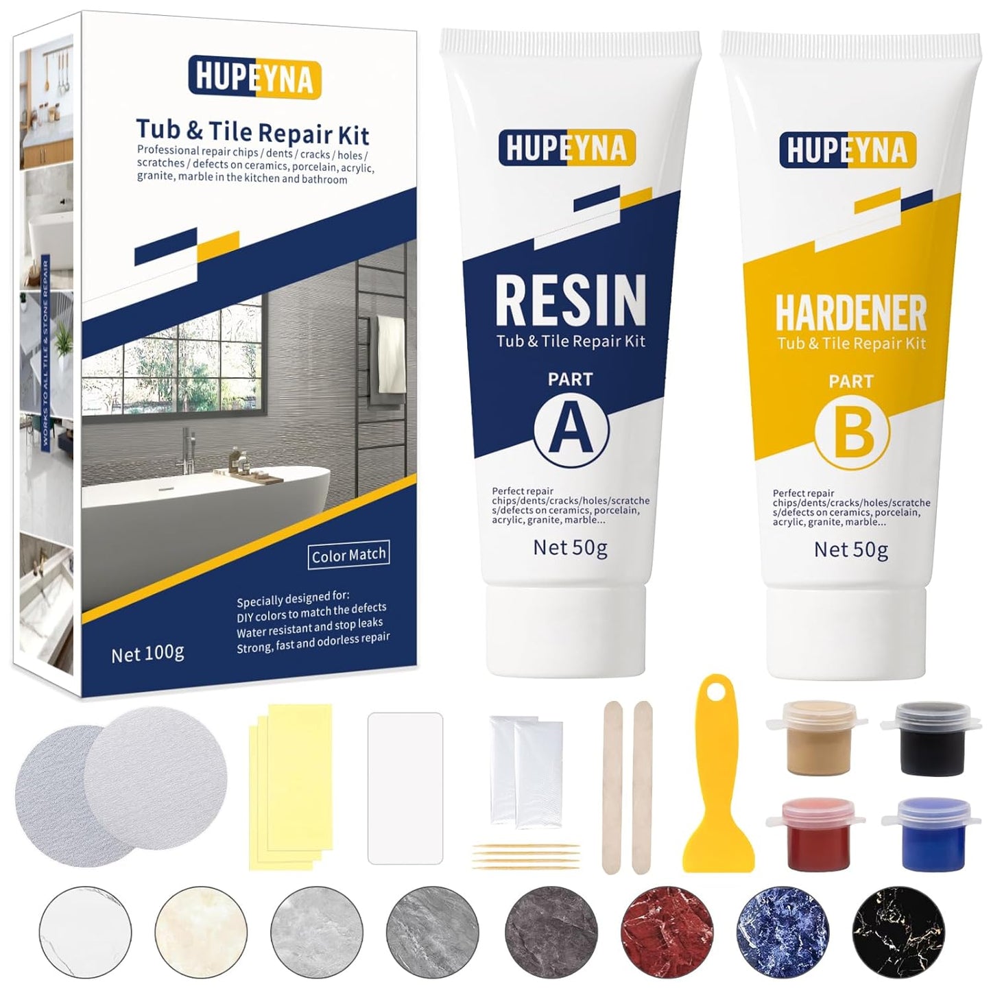 Tub, Tile and Shower Repair Kit (Color Match), Hupeyna Porcelain Repair Kit, Bathtub Repair Kit for Chips Dents Cracks Holes Scratchs, etc. Fiberglass Repair Kit (More Color)
