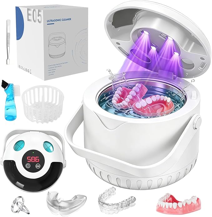 Ultrasonic Retainer Cleaner Machine, Upgraded Handle Design, 45kHz for Dentures, Night Guards, Aligners & Jewelry, Digital Timer Deep Cleaning (White)
