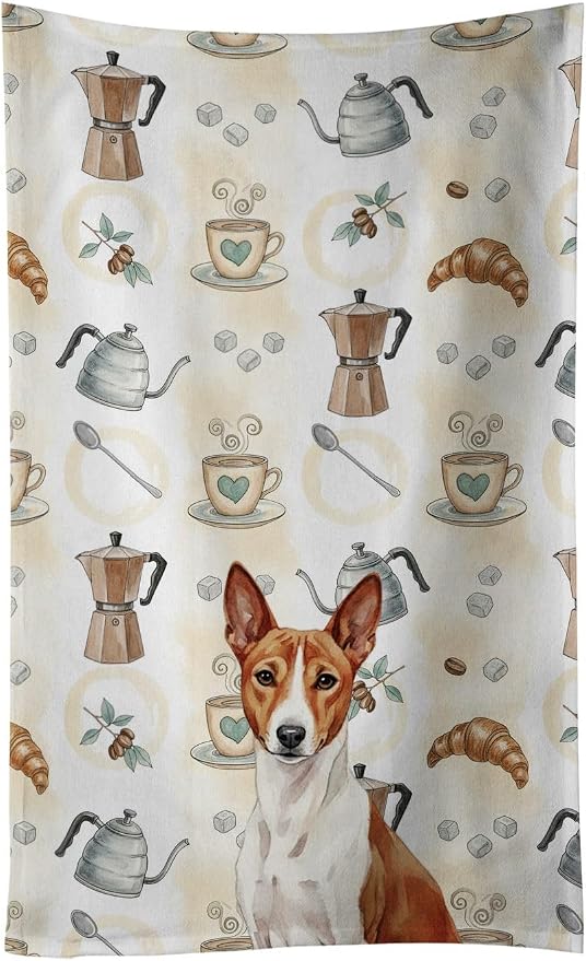 Caroline's Treasures Red and White Basenji Coffee Bar Kitchen Towel Velour Plush Front and Cotton Loop Back Machine Washable