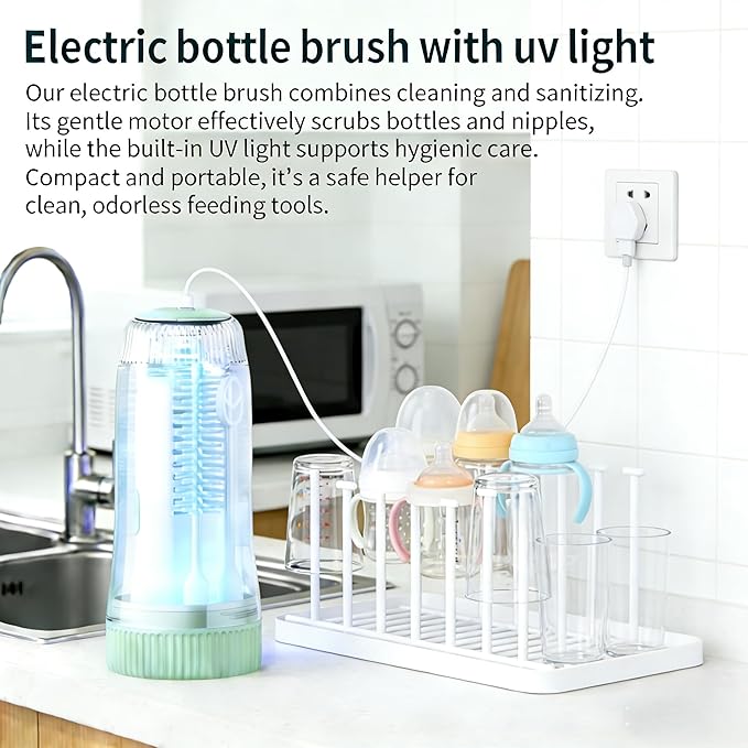 Portable Electric Silicone Bottle Brush Set, 7-in-1 UV Light USB Charging, Nipple/Straw Cleaner, Milk Mixer, Built-in Drying Rack & Storage Case, BPA-Free, IPX7, On-the-Go for New Parents (Mint)