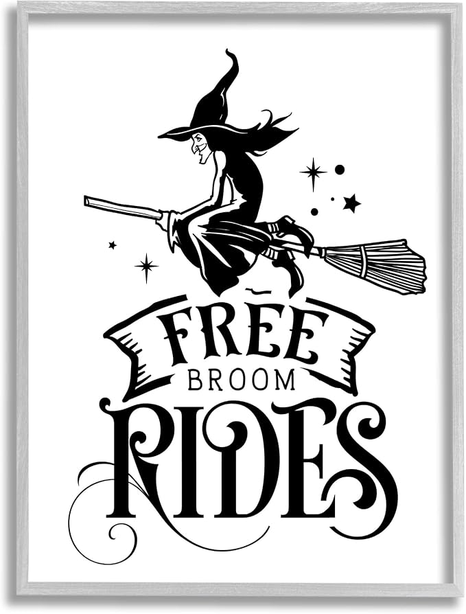 'Free Broom Rides Typography Magical Witch'| Framed Giclee Art | Stupell Industries | Gray, 16 x 20 Inches, Easy to Hang and Sturdy, Made in USA, by Lettered and Lined