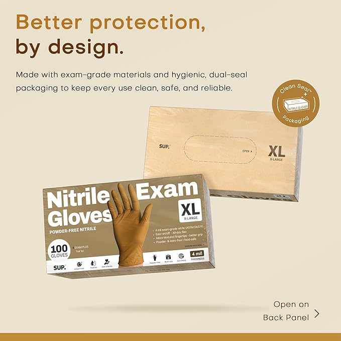 SUP Nitrile Exam Gloves, Powder-Free Latex-Free Food Safe Food Prep BBQ Cooking Cleaning Medical Disposable Glove, Tan 1000Ct