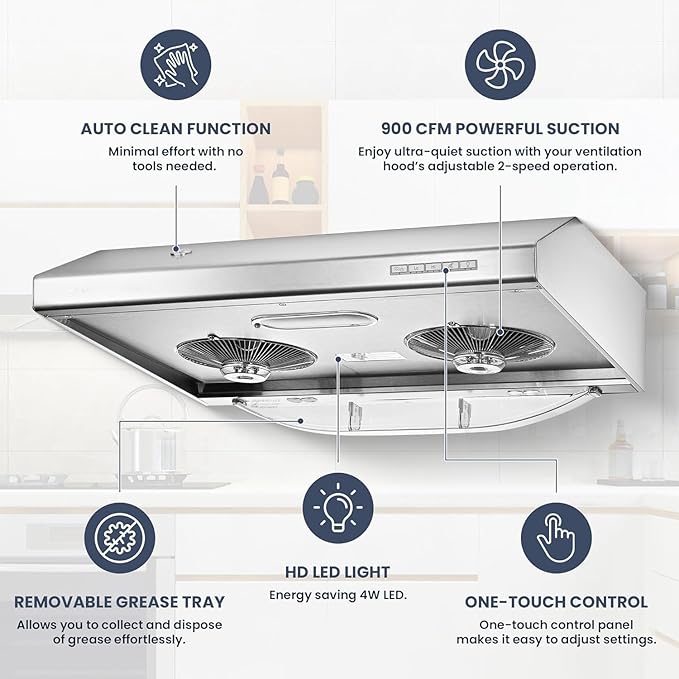 Pacific Auto Clean Under Cabinet Range Hood 30 Inch, 900 CFM Stove Vent Hood, Stainless Steel Kitchen Exhaust Hood, Kitchen Hood Vent, Ultra Quiet Dual Fans, LED Lights AC30BS Filterless Auto Cleans