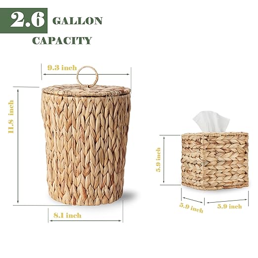 2.6 Gallon Wicker Trash Can with Lid and Square Wicker Tissue Box Cover, Boho Decorative Handwoven Water Hyacinth Rattan Bedroom Bathroom Living Room Accessories Decor (Natural)