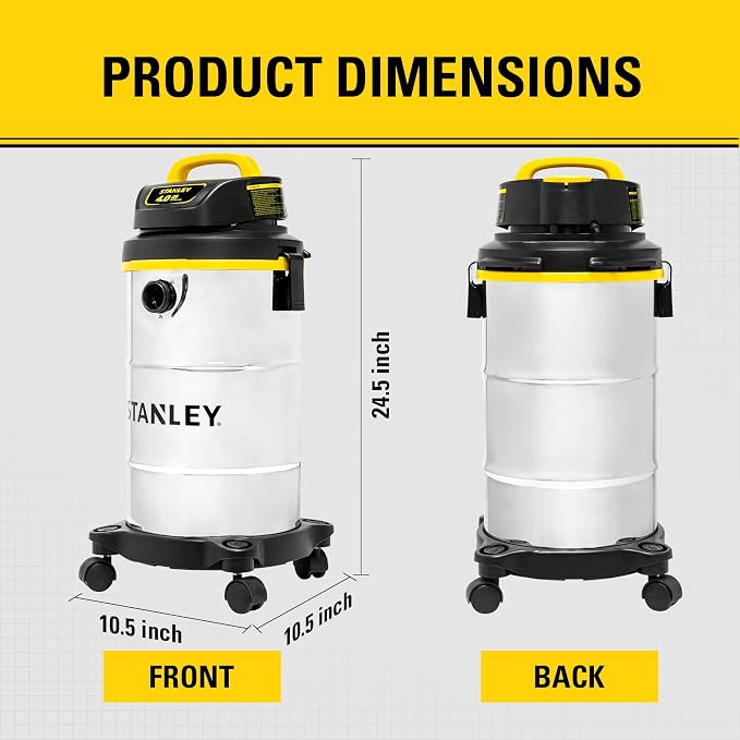 STANLEY Wet Dry Vacuum 5 Gallon with 4 HP Powerful Motor Suction,Stainless Steel Shop Vacuum Portable Wet Dry Vac for Jobsite, Workshop, Garage, Basement SL18130