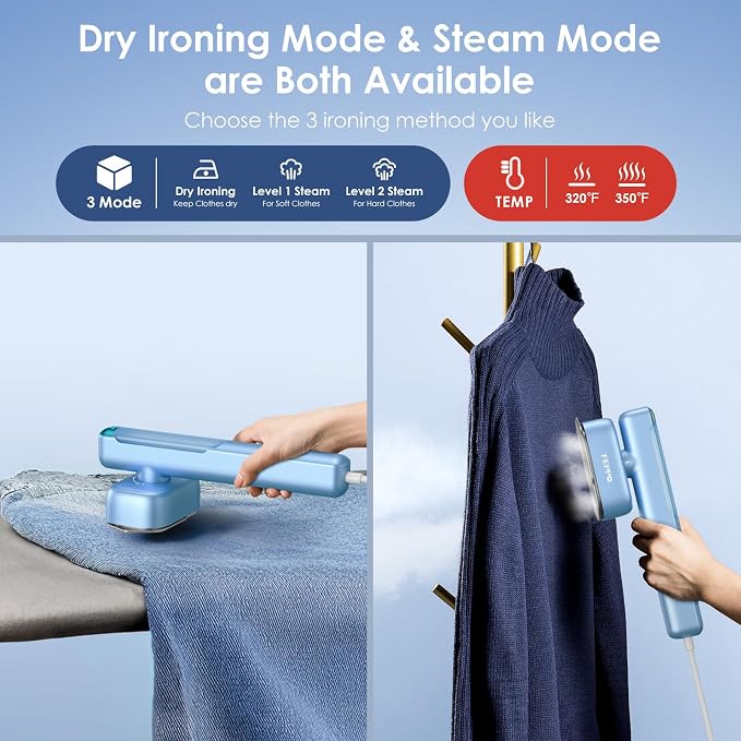 FEPPO Travel Steamer for Clothes, 110-240V Dual Voltage Portable Steamer & Iron 2 in 1, Fast Heat Up, 1100W Powerful Garment Steamer, Large Ceramic Heat Panel for Home & Global Traveling