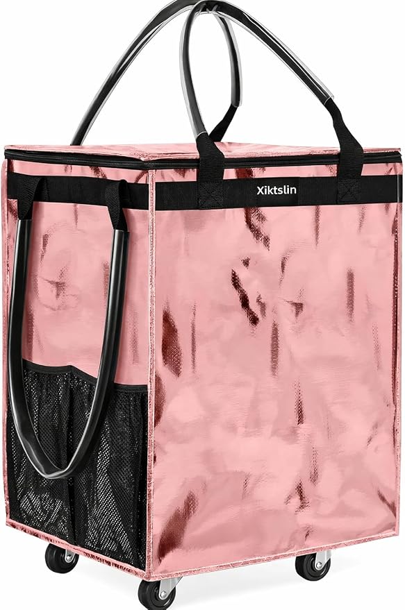 (Medium, Rose Gold) Reusable Grocery Bag on 4 Wheels, 70L Foldable Rolling Tote, Shopping Trolley, Rolling Bag with 3 Handles, Rolling Tote Bag with Wheels for Shopping, Market, Laundry,Moving