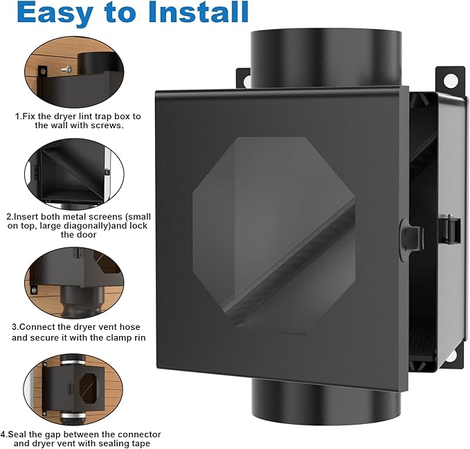 Dryer Lint Trap Indoor Vent Kit, 90 Degree Elbow Metal Lint Catcher Box with Vent Duct Hose Clamps, Sealing Tape, Cleaning Brush & Filter Screens, Space Saving Dryer Vent Connector Set