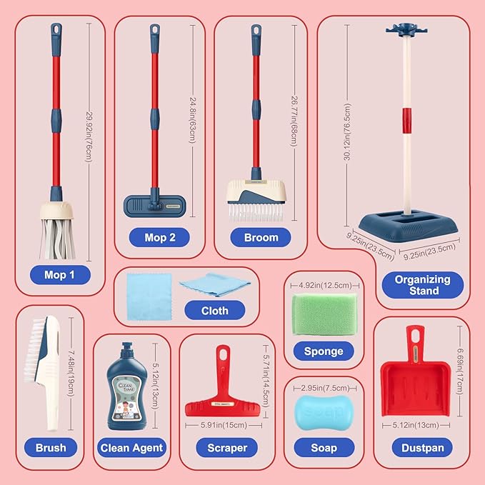Toddler Toys Cleaning Set, Kids Cleaning Toy Stand Set, Pretend Play Home Cleaning Tools Toys Playset，Broom, Dustpan, Mop, Duster