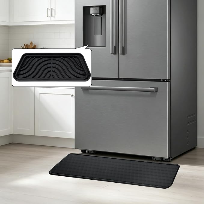 Refrigerator Leak Protection Set, 1 Under Fridge Mat (37.5" x 8.5") + 2 Silicone Refrigerator Drip Trays, Black Non-Slip Textured Floor Protector &Water Dispenser Tray