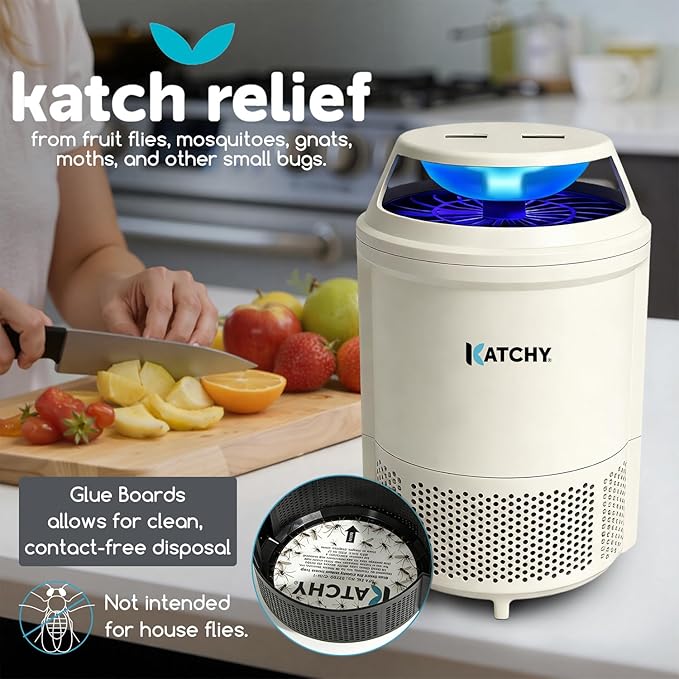 Katchy Indoor Flying Insect Trap – Catcher & Killer for Mosquitoes, Fruit Flies, Gnats & Moths – Non-Zapper with Suction & Blue Light – Ideal for Indoor Spaces, Kitchens & Plants (Original, White)