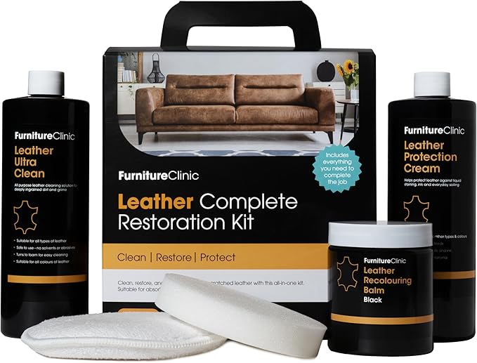 Furniture Clinic Leather Complete Restoration Kit | with Leather Recoloring Balm, Cleaner, 2-in-1 Protection Cream & Conditioner, Sponge, and Cloth | Repair Kit for Furniture (Beige)