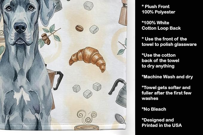 Caroline's Treasures Blue Great Dane Coffee Bar Kitchen Towel Velour Plush Front and Cotton Loop Back Machine Washable