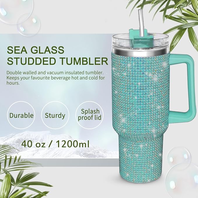 HWISDMIG 40oz Tumbler with Handle-Glitter Rhinestones Tumbler Bling Cups Stainless Steel Water Bottle Diamond Studded Tumbler for Women-Birthday Gifts for Women, Mom, Girlfriend (Sea Glass)